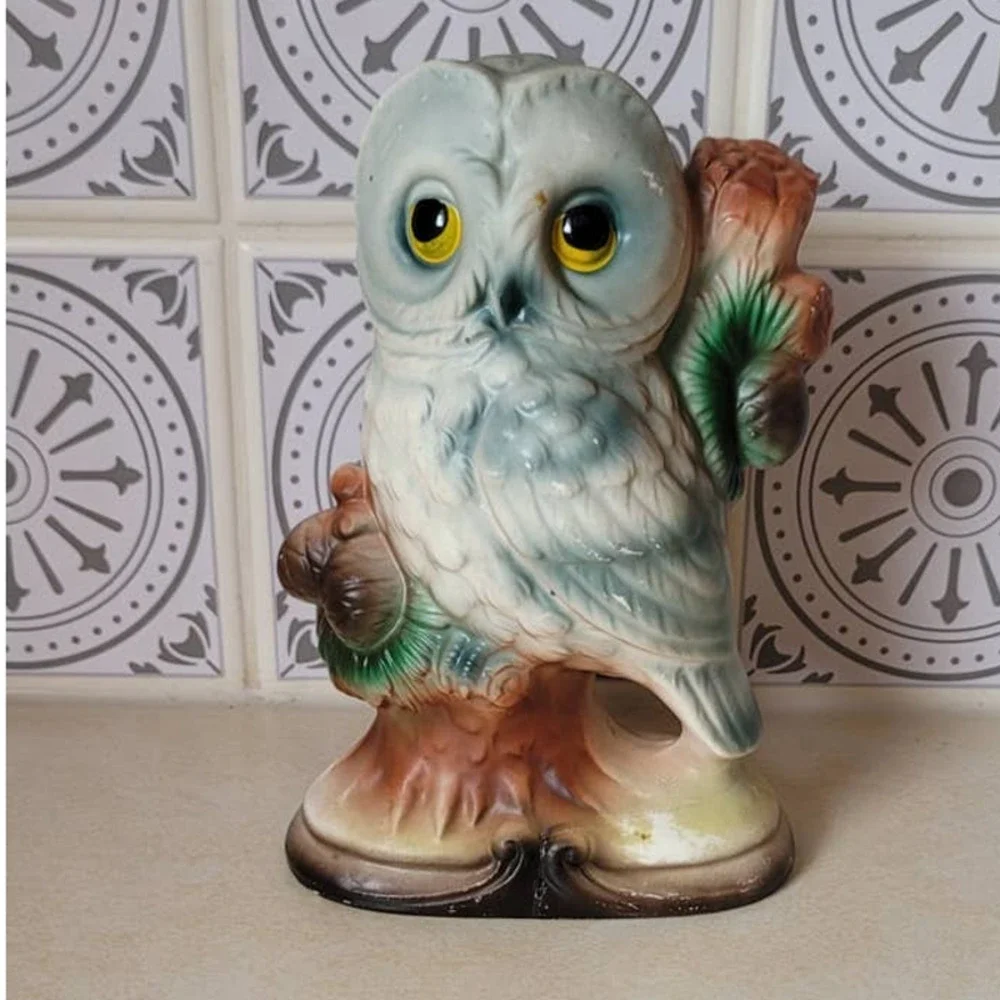 Vintage Porcelain Owl Figure on Branch with Pine Bough - Picture 1 of 8